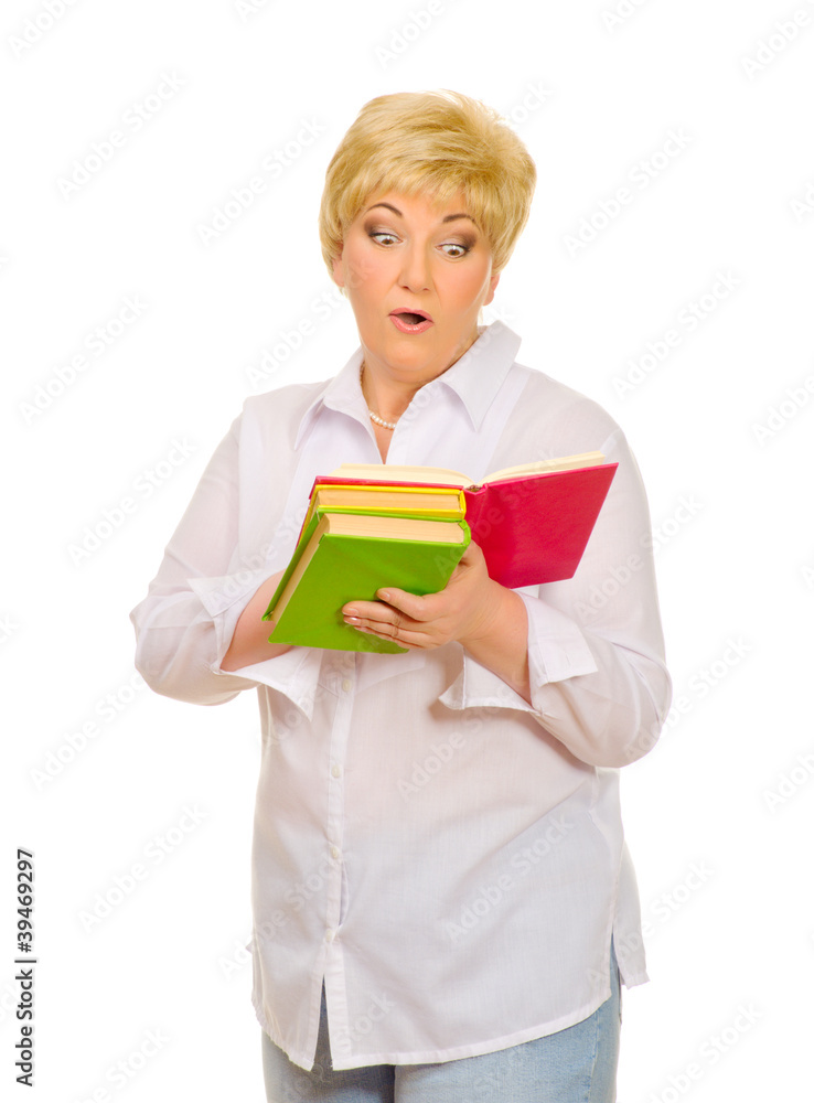 Surprised senior woman with books Surprised senior woman with books