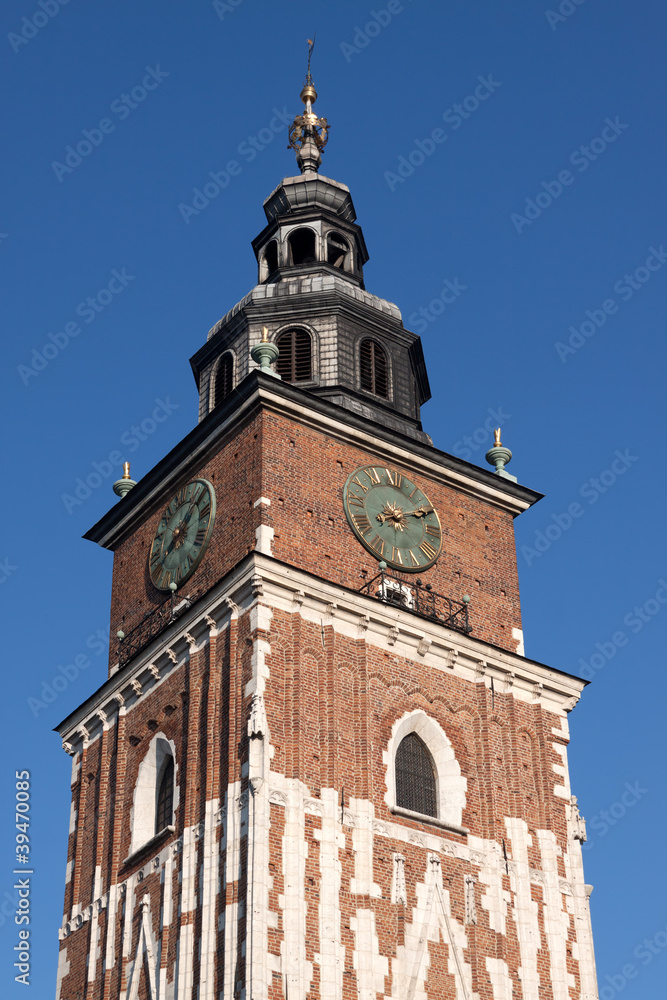 The gothic Clock Tower on the main square in Krakow, Poland