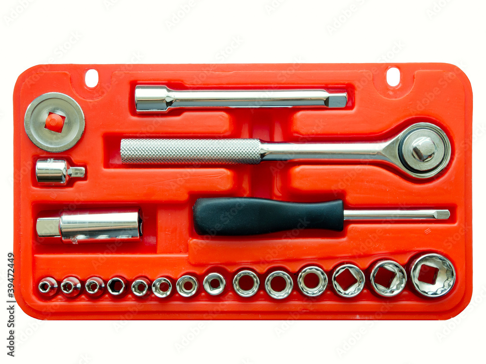 Tool kit of various metal tools in the red box Tool kit of various metal tools in the red box