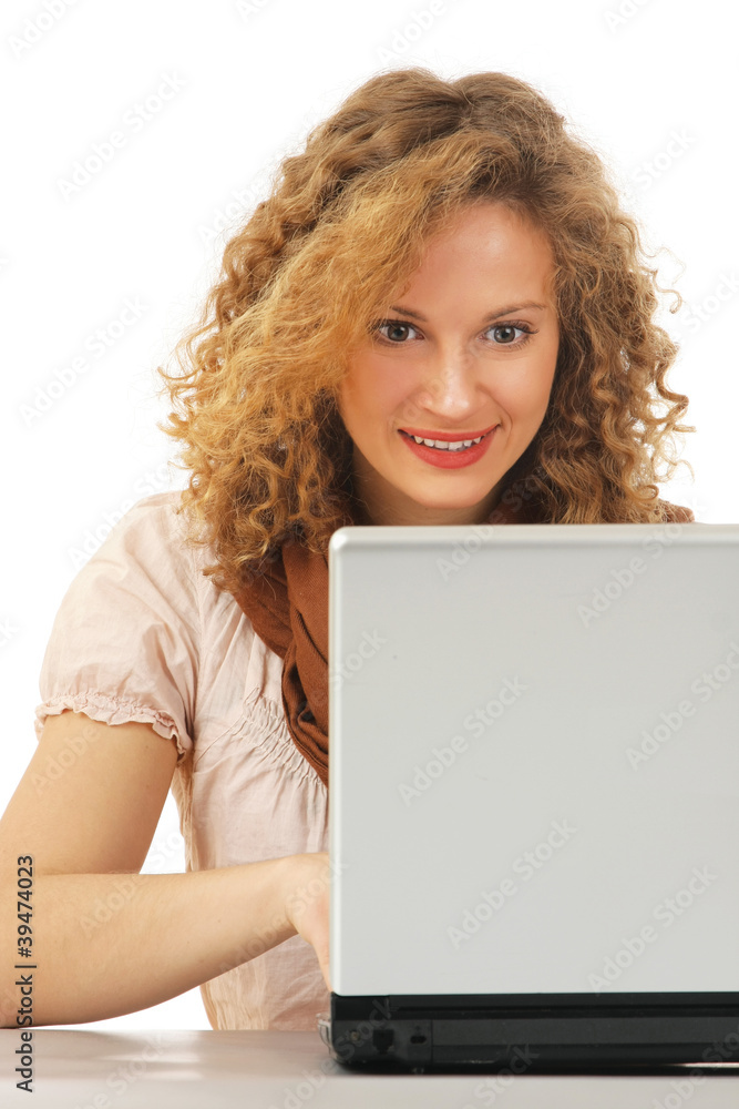 girl with laptop and gift isolated on white background girl with laptop and gift isolated on white background