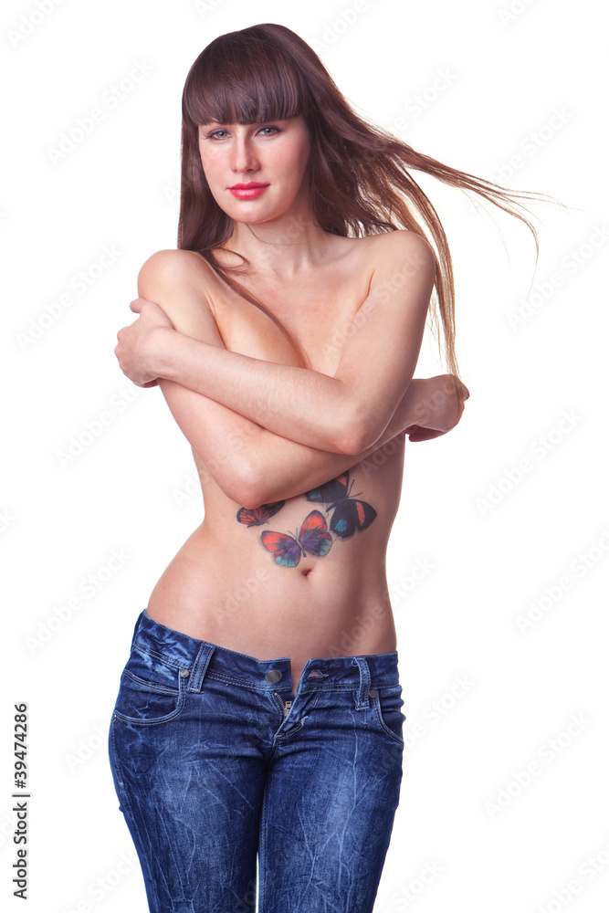sexy brunette topless in jeans with tattoo isolated on white bac sexy brunette topless in jeans with tattoo isolated on white bac