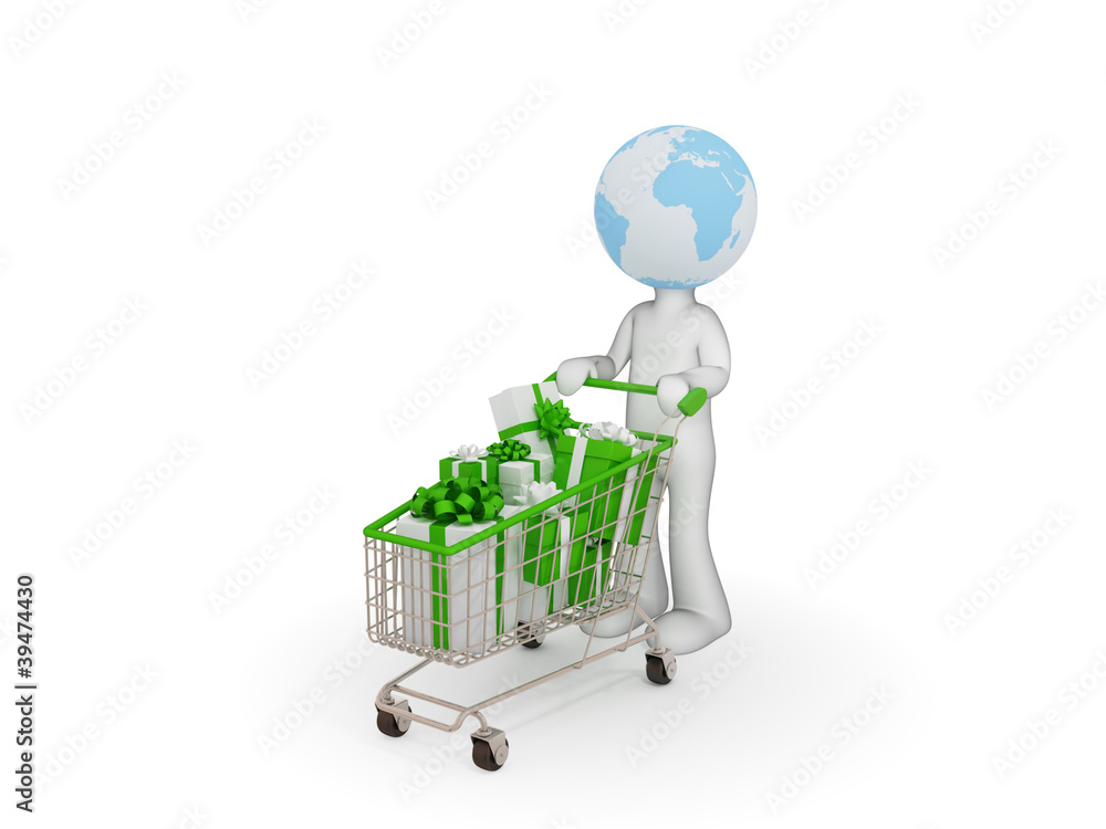 3d small person with shopping trolley. 3d small person with shopping trolley.