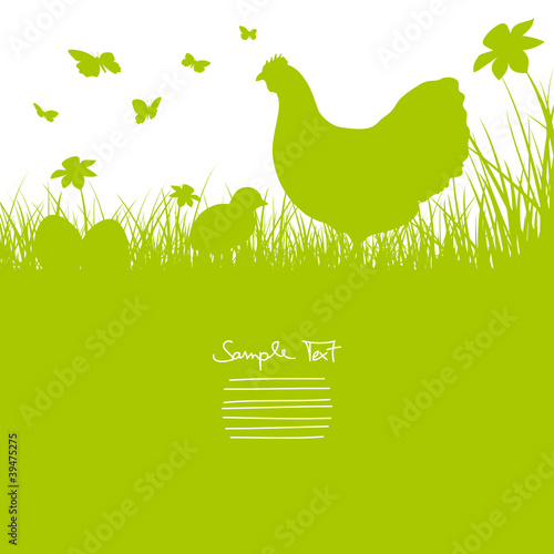 Hen & Chick In Meadow Eggs, Butterflies & Daffodils