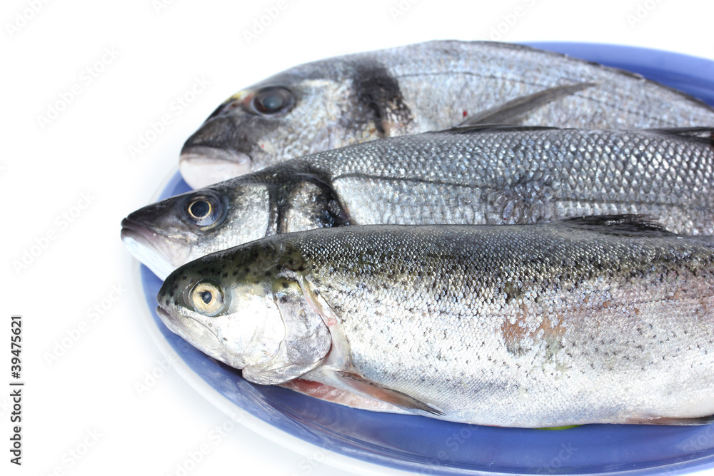 Fresh fishes on plate isolated on white Fresh fishes on plate isolated on white