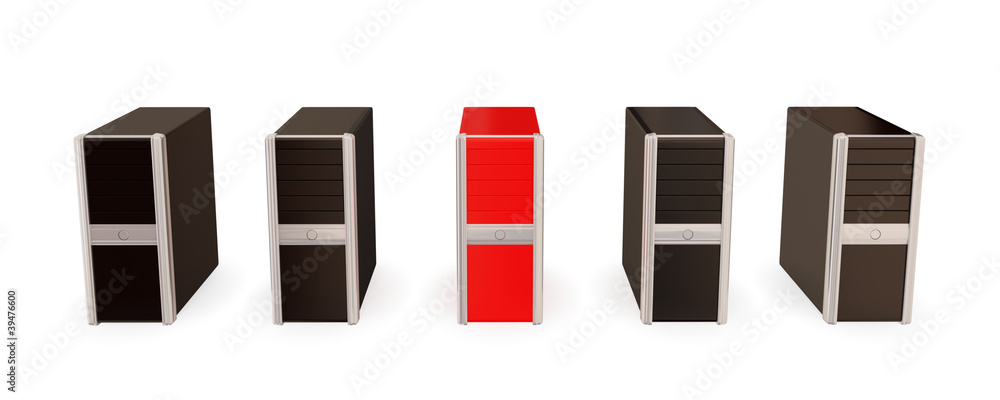 Four black computers and red one among them. Four black computers and red one among them.
