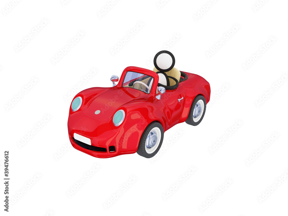 Red car with a small man inside.