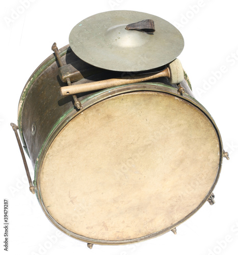 Big vintage orchestral drum on white background photo