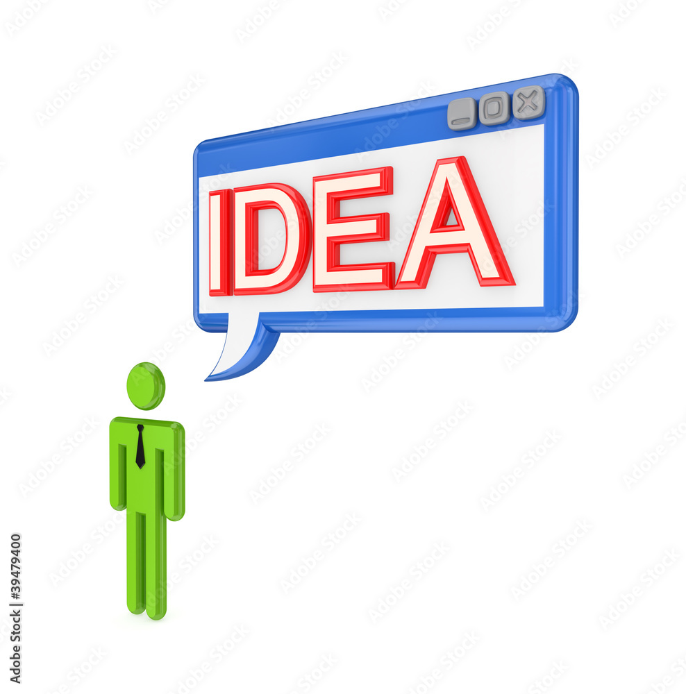 3d small person and OS window with word IDEA. 3d small person and OS window with word IDEA.