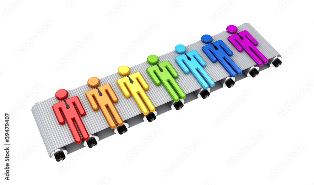 3d small people on a gray conveyor. 3d small people on a gray conveyor.