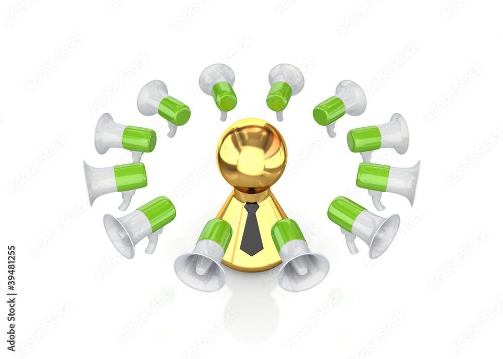 Fototapeta premium Colorful megaphones around 3d small person.