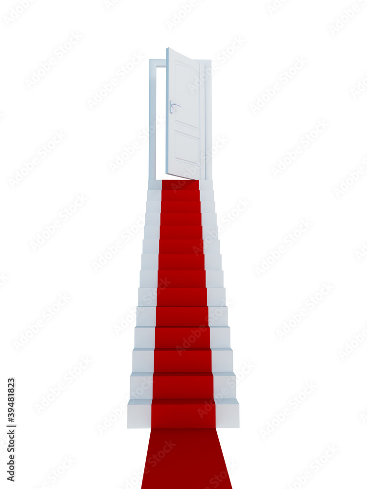 Stairway with a red carpet and opened door. Stairway with a red carpet and opened door.