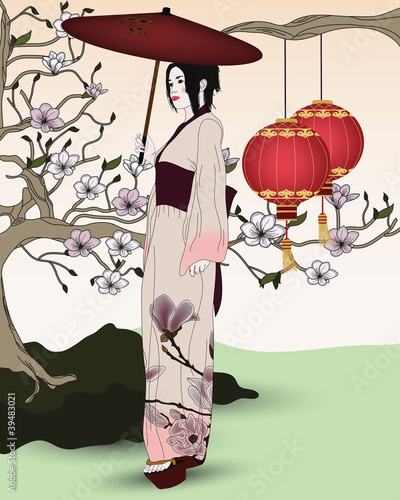 beautiful geisha in an oriental garden
