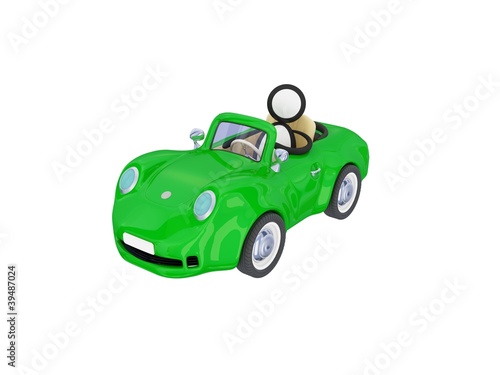 Green car with a small man inside.