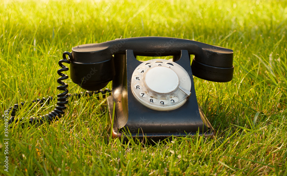 Retro styled rotary telephone on grass