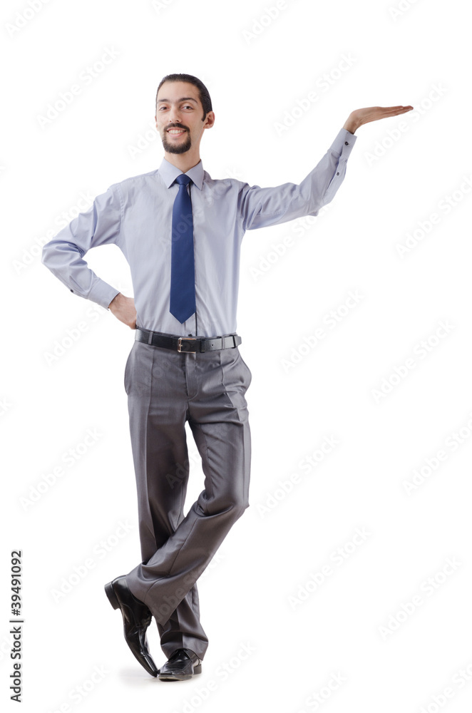 Businessman pushing away virtual obstacles Businessman pushing away virtual obstacles