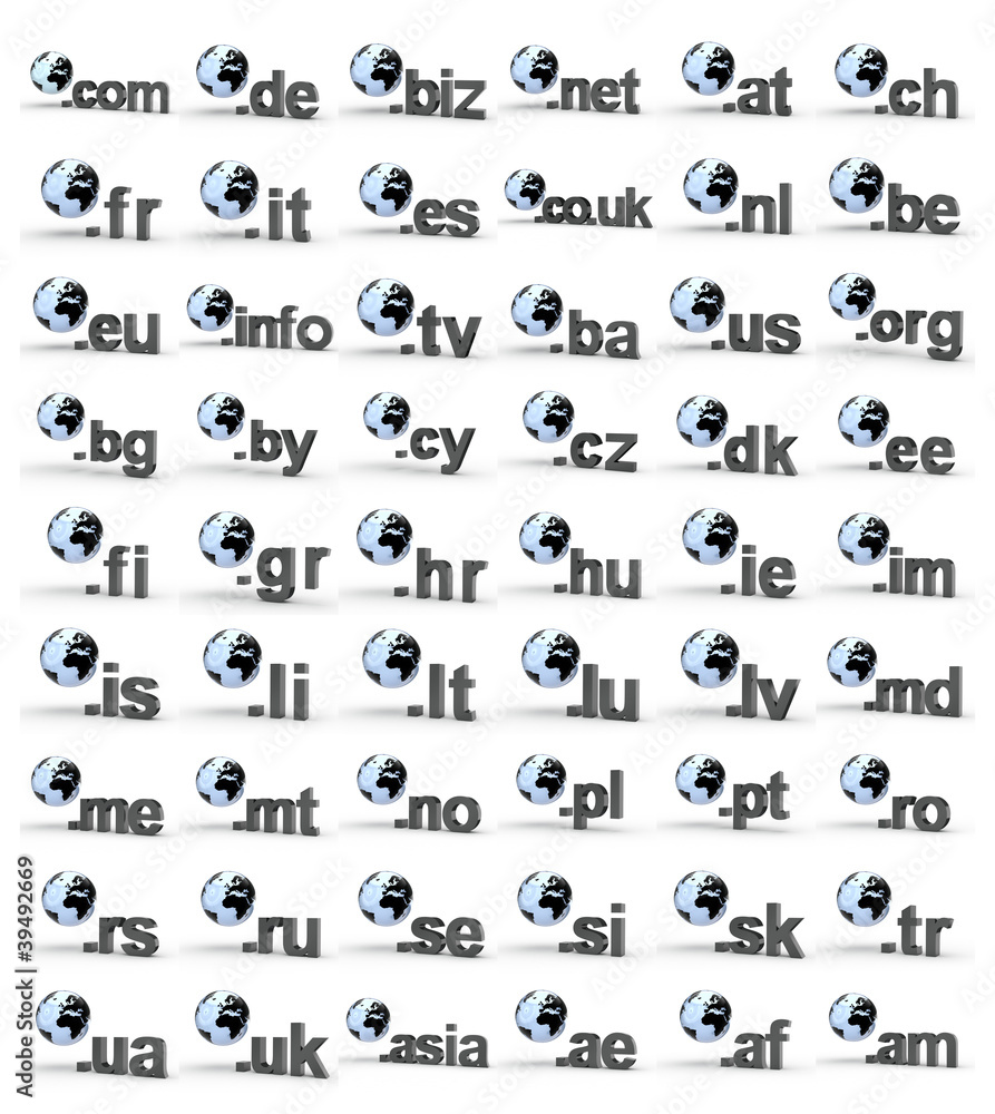 54 Toplevel Domains mit Weltkugel 54 Toplevel Domains mit Weltkugel