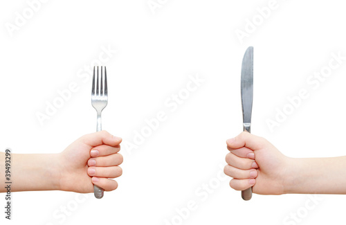 two hands holding fork and knife, clipping path