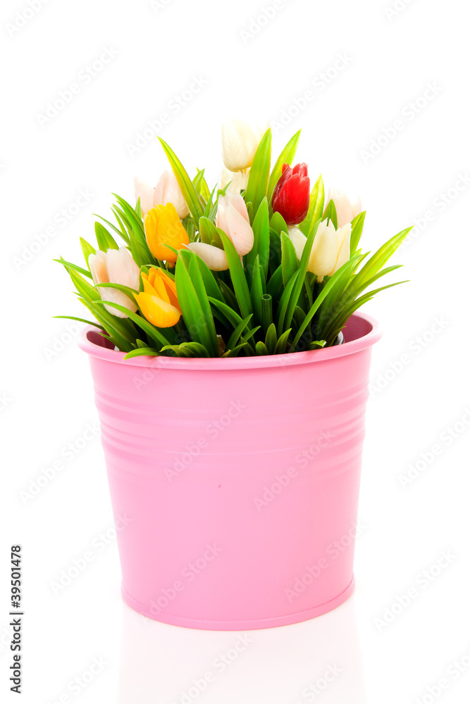 Obraz premium Bouquet of plastic Dutch tulips in pink pot
