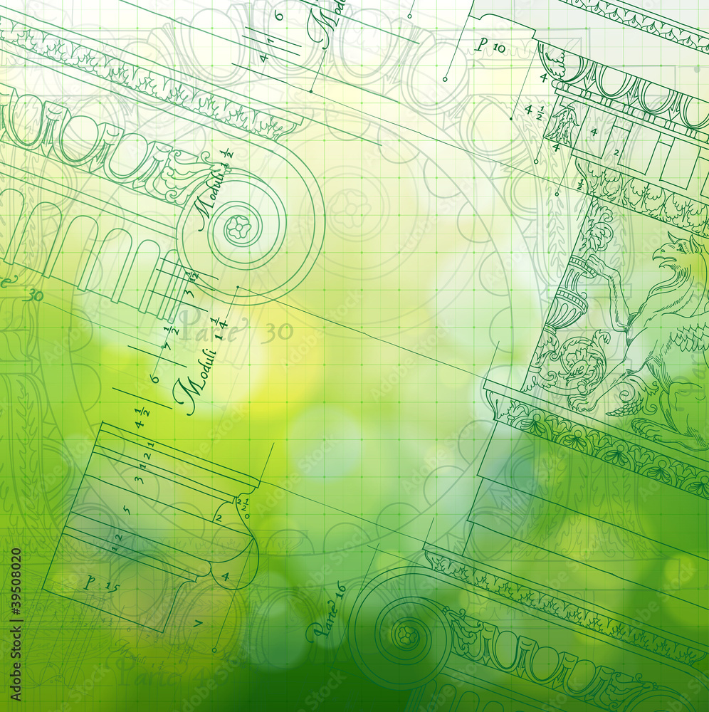 Blueprint - ionic architectural order & green background Blueprint - ionic architectural order & green background