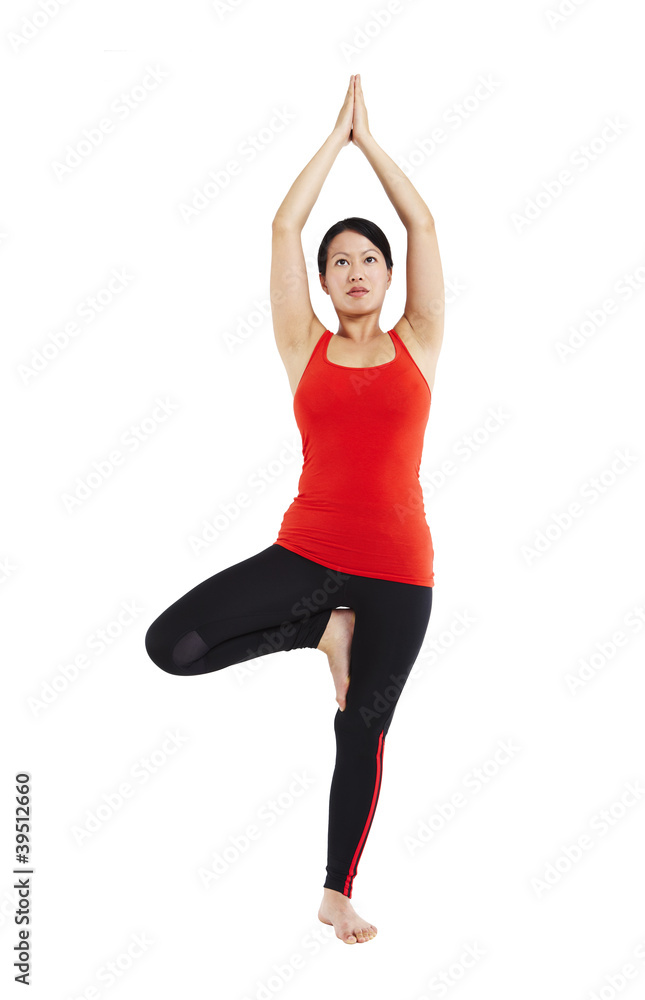 Frau, Gymnastik, ein Bein balancieren Frau, Gymnastik, ein Bein balancieren