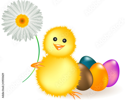 Easter - Chick with daisy and eggs