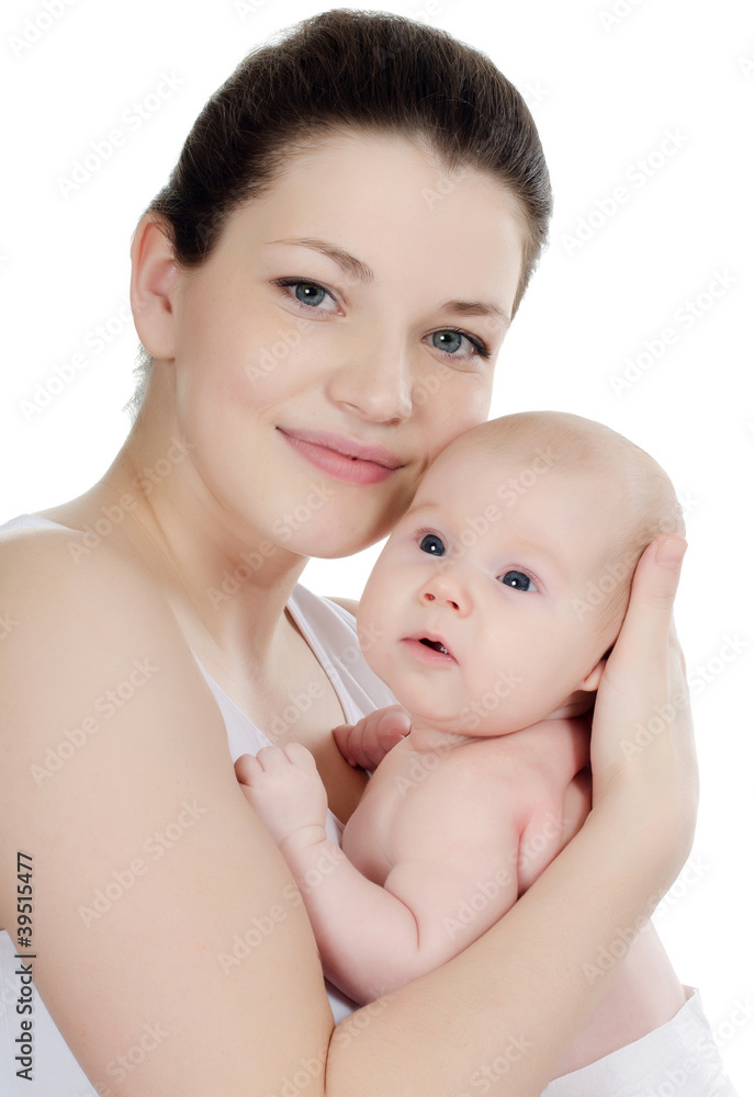 happy mother with baby over white happy mother with baby over white