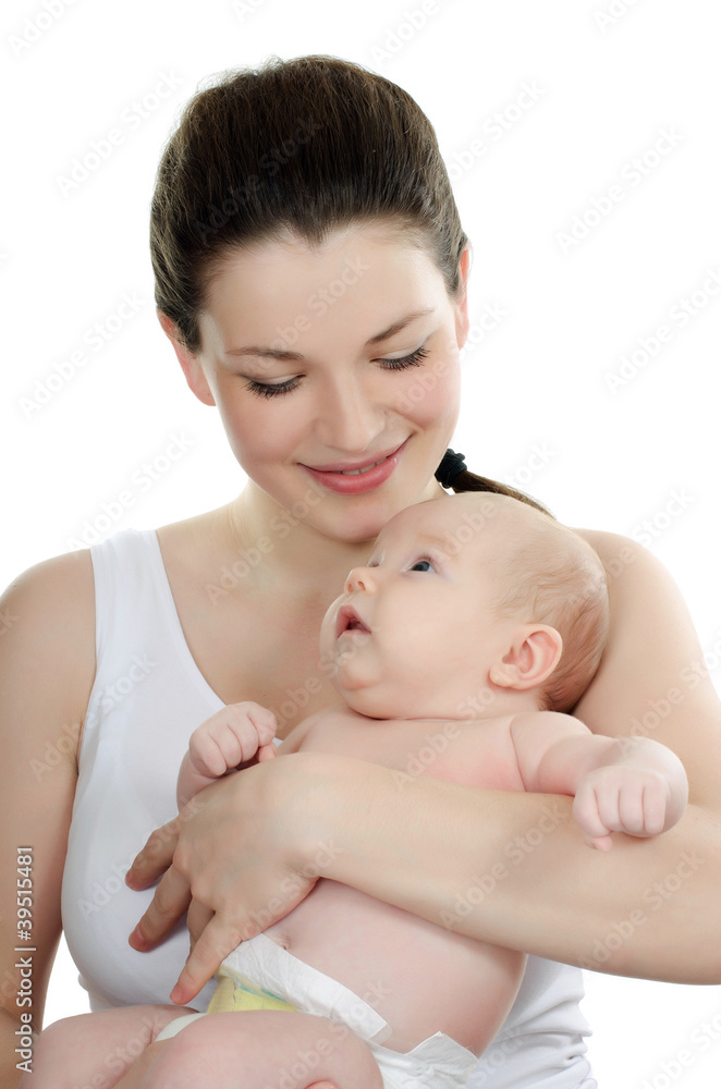 happy mother with baby over white happy mother with baby over white
