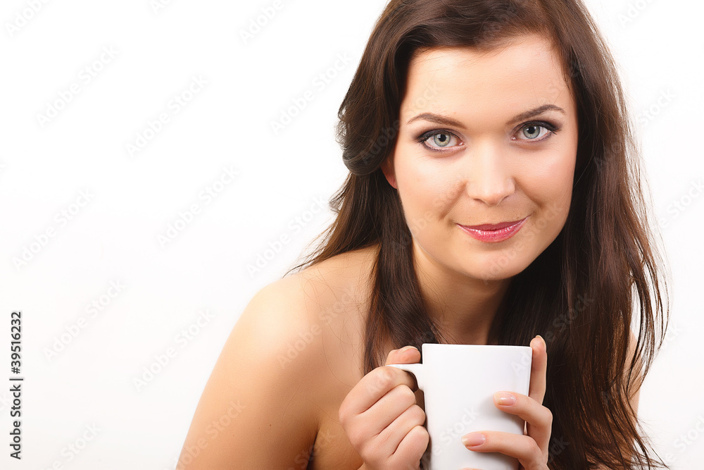 young beautiful woman with a white cup of tea or coffee young beautiful woman with a white cup of tea or coffee