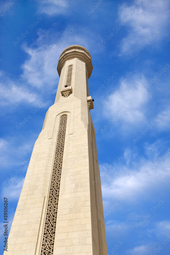 beautiful minaret of Al Fateh Mosque Bahrain, looking up