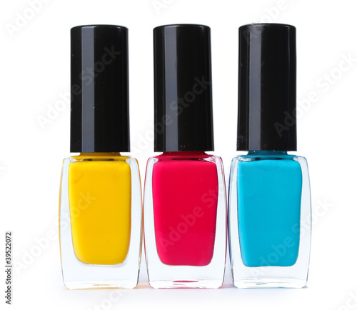 Group of bright nail polishes isolated on white