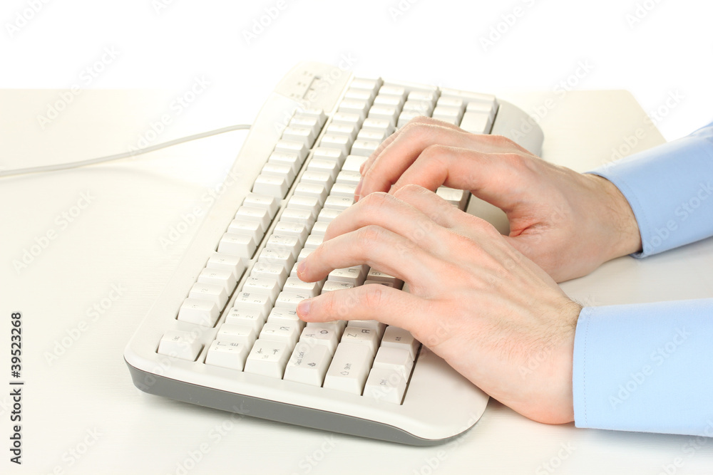 male hands typing on the keyboard isolated on white male hands typing on the keyboard isolated on white