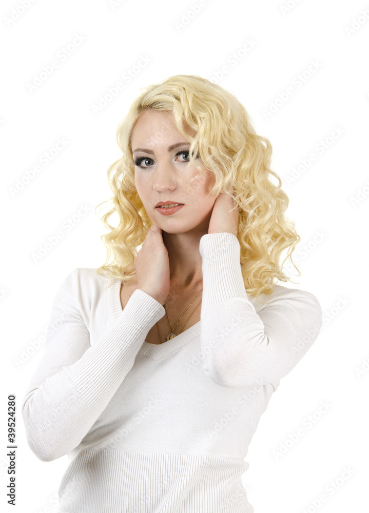Naklejka premium Beautiful blond with hands on the neck