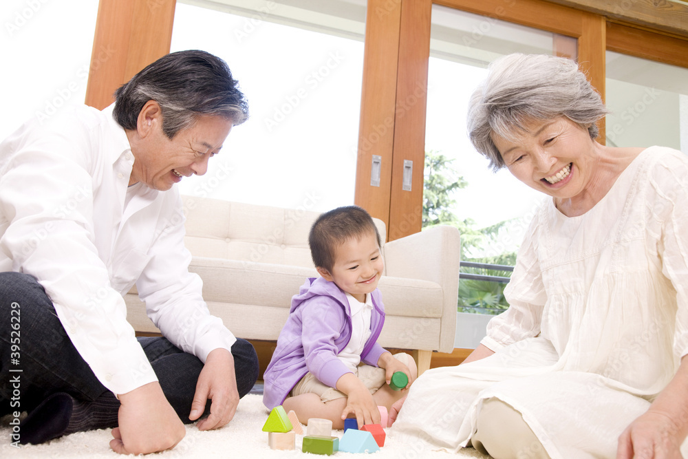 Obraz premium 孫息子と積木で遊ぶ祖父母