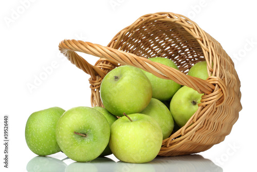 basket of green apples on white background