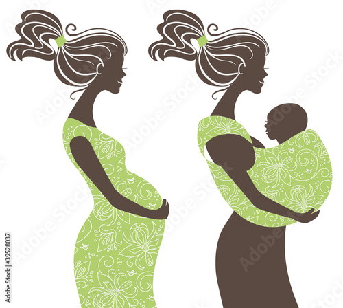 .Beautiful women silhouettes. Pregnant woman and mother with bab