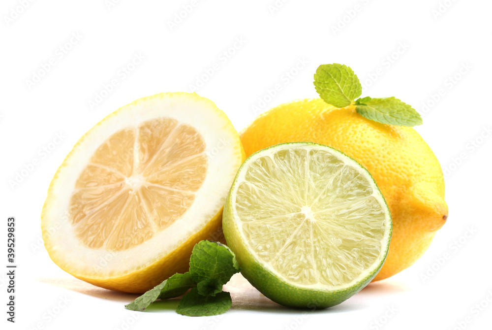 Fresh lime and lemon with mint isolated on white Fresh lime and lemon with mint isolated on white