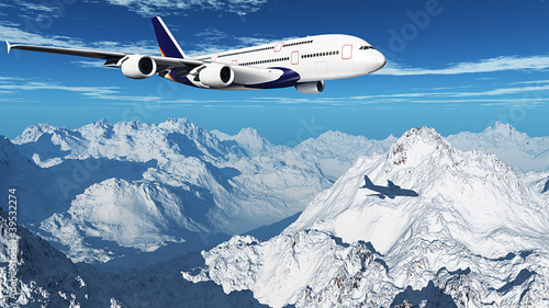 Airplane over the mountains   3D rendering  