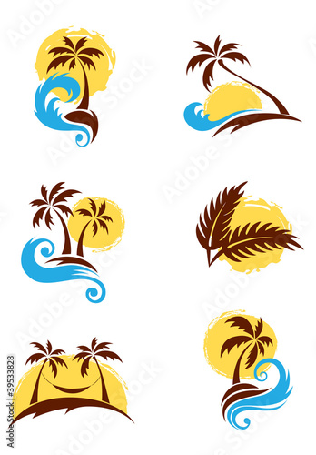 A set of logotypes - palm trees and sea