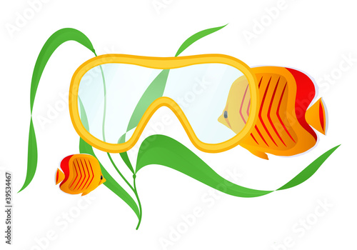 Diving. Swim mask, fish with seaweed on white background