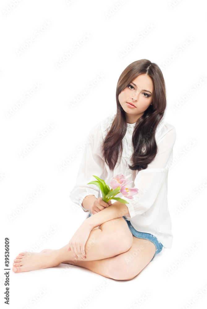 beautiful girl with tulips isolated on white beautiful girl with tulips isolated on white