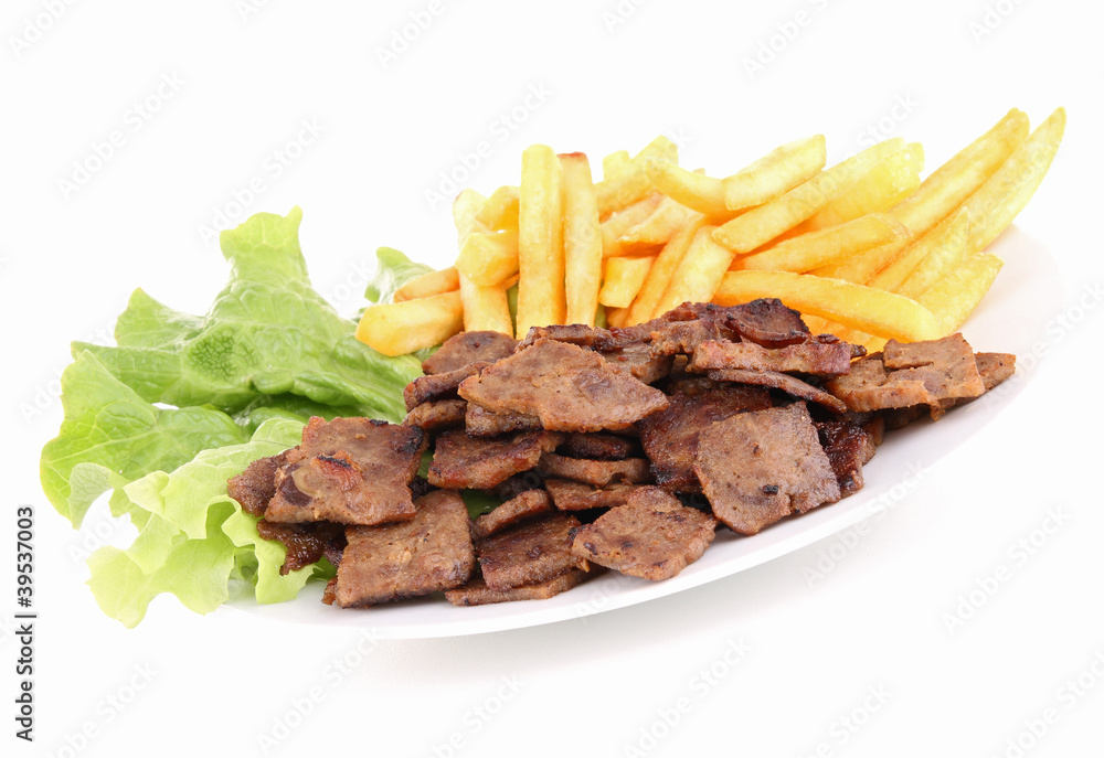 isolated plate of meat and french fries isolated plate of meat and french fries