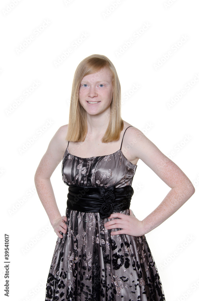 Cute blond teen girl on white background