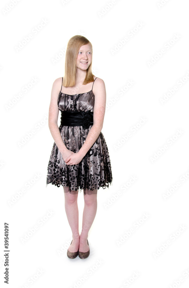 Cute blond teen girl on white background