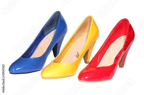 Red, yellow and blue women s heel shoes with clipping path