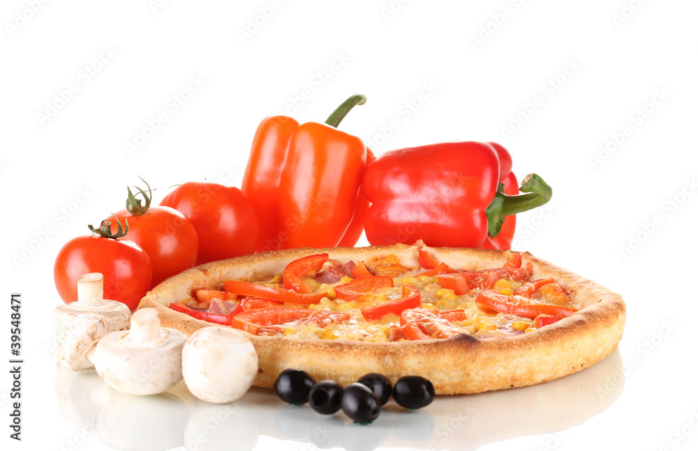 Aromatic pizza with vegetables and mushrooms isolated on white