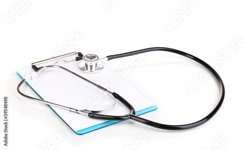 Stethoscope and blank clipboard isolated on white