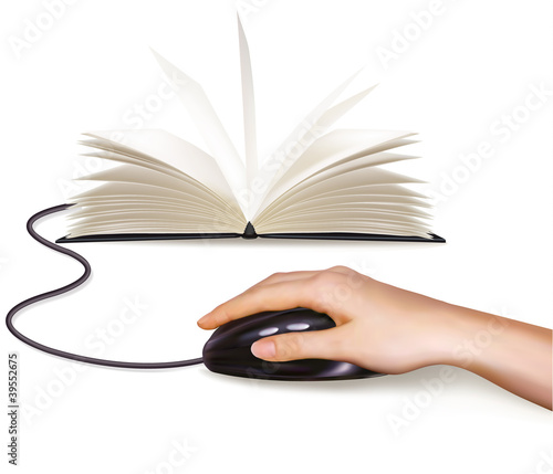 Hand with computer mouse and books