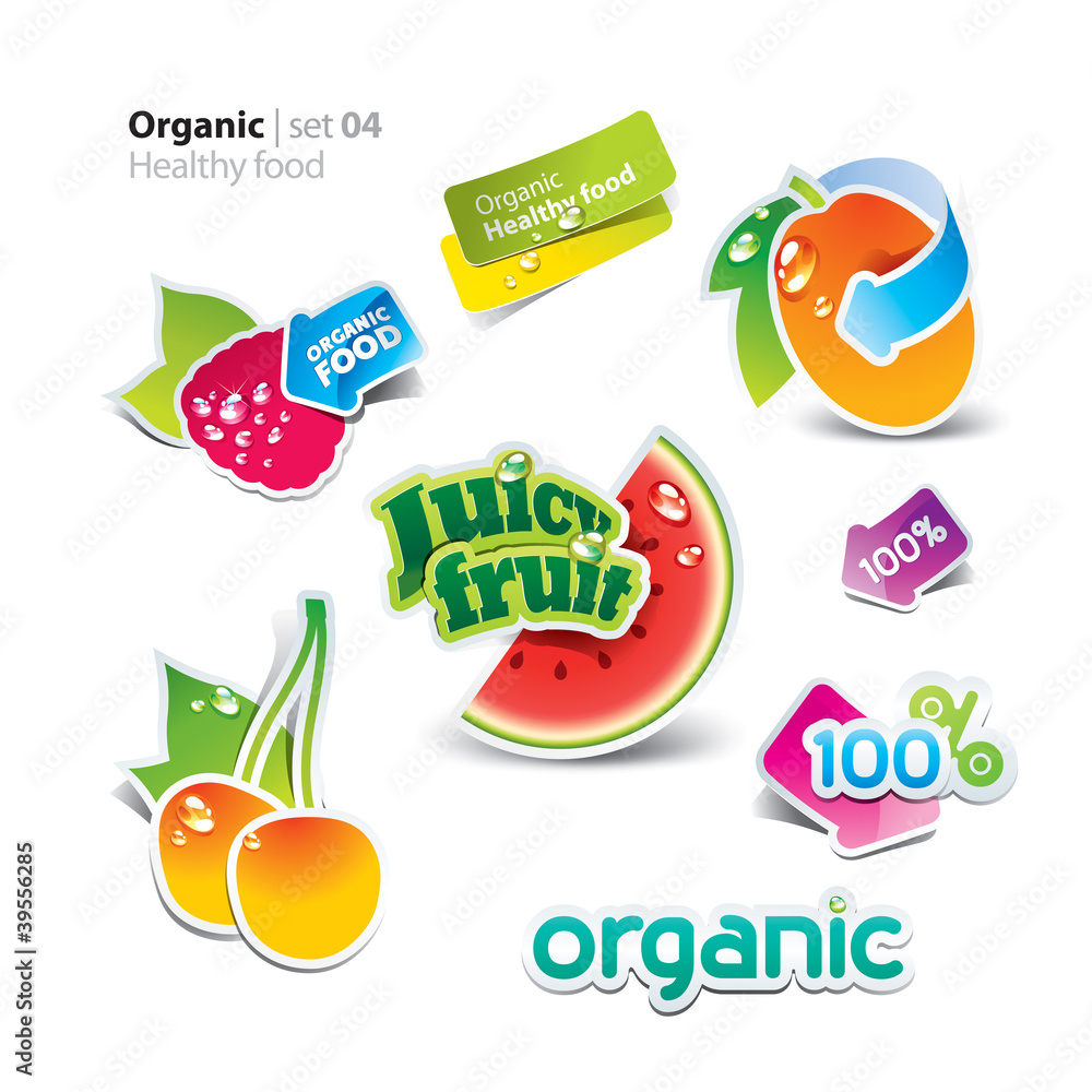 Set of stickers and icons of healthy and organic food. Vector Set of stickers and icons of healthy and organic food. Vector