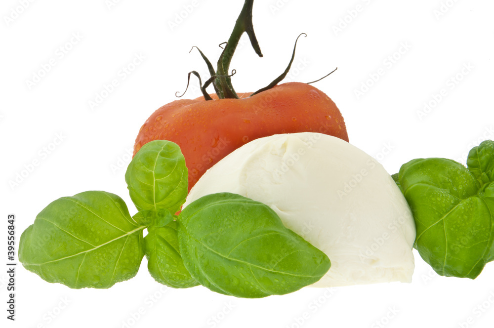 Mozzarella cheese, tomato and fresh basil (with clipping path)