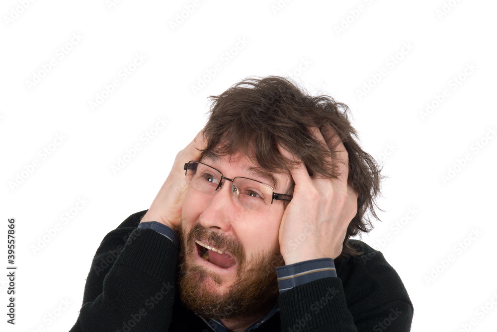 The man wearing spectacles is afraid The man wearing spectacles is afraid